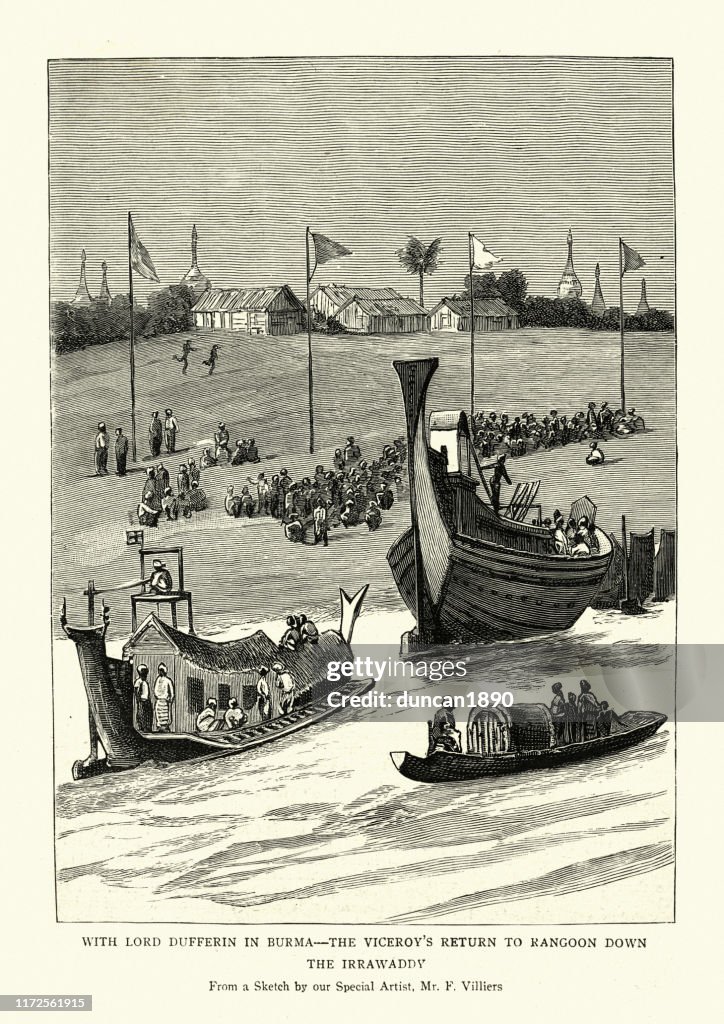 Traditionella burmesiska båtar av Irrawaddy River, 19th Century