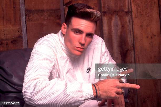Portrait of singer Vanilla Ice backstage at a club in Minneapolis, Minnesota, October 2, 1990.
