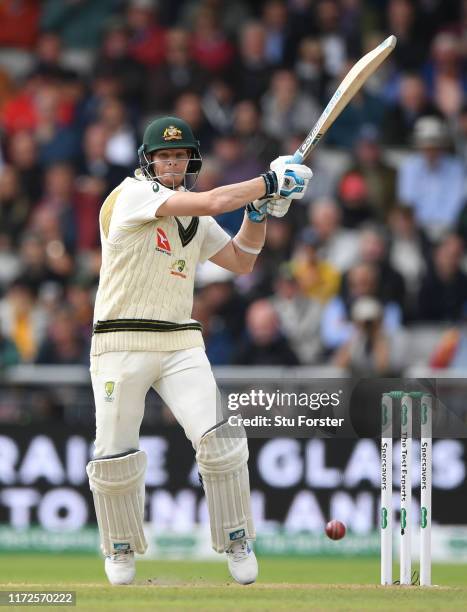 Australia batsman Steve Smith pulls a ball to the boundary during day two of the 4th Ashes Test Match between England and Australia at Old Trafford...