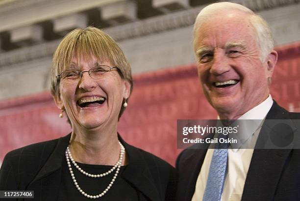 Drew Gilpin Faust, left, meets the media as the 28th and first woman president in Harvard University's 371year history, with Derek Bok, right,...