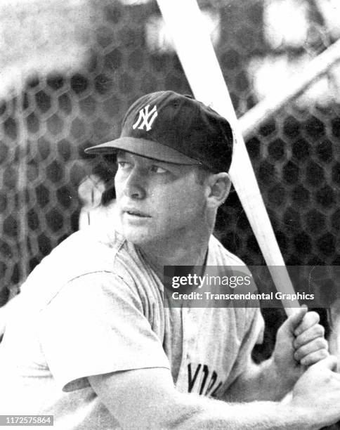 Close-up of American baseball player Mickey Mantle , of the New York Yankees, in the batting cage, 1964.