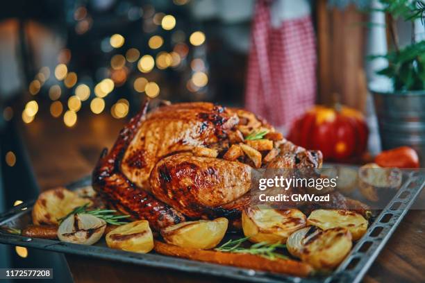 voorbereiden van gevulde kalkoen voor vakantie in huishoudelijke keuken - roast turkey stockfoto's en -beelden