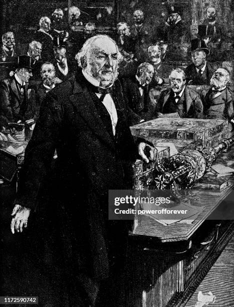 william ewart gladstone während seiner letzten rede im unterhaus als premierminister - 19. jahrhundert - prime minister stock-grafiken, -clipart, -cartoons und -symbole