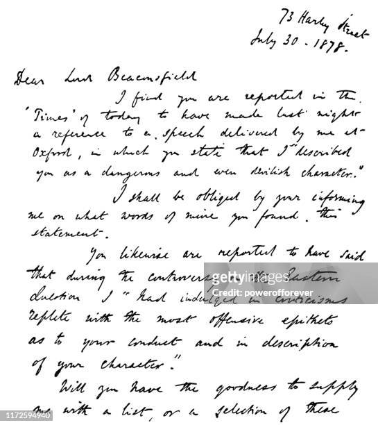 brief von william ewart gladstone an benjamin disraeli - 19. jahrhundert - schreiben mit der hand stock-grafiken, -clipart, -cartoons und -symbole