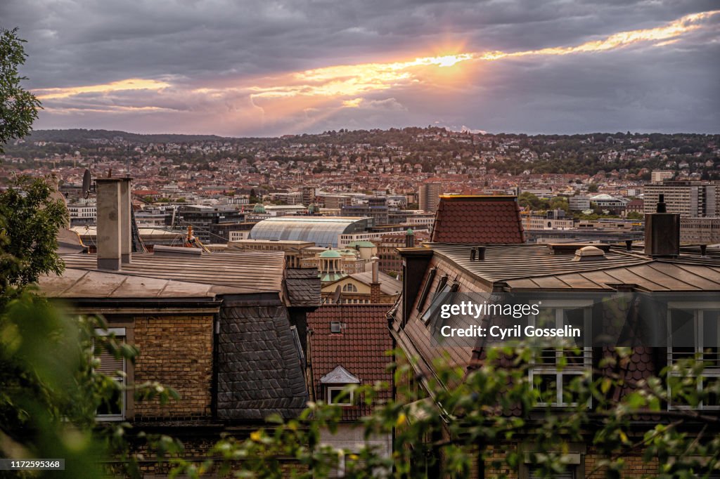 High angle view of Stuttgart at sunset