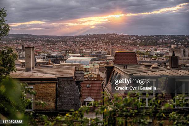 high angle view of stuttgart at sunset - stuttgart skyline stock pictures, royalty-free photos & images