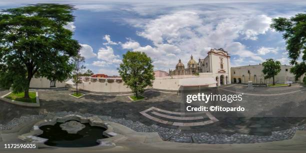 360° panoramic view of del carmen church in san angel mexico city - hdri 360 stock-fotos und bilder