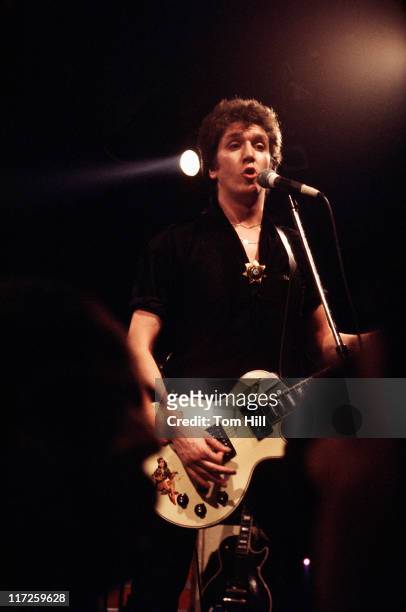 Guitarist Steve Jones of the Sex Pistols performs in their first North American concert at The Great Southeast Music Hall on January 5, 1978 in...