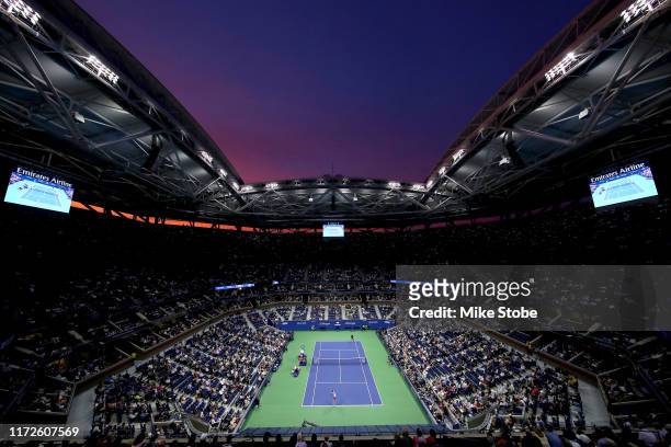 General view as Elina Svitolina of the Ukraine serves during her Women's Singles semi-final match against Serena Williams of the United States on day...