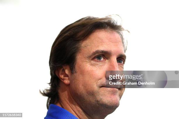 Western Bulldogs head coach Luke Beveridge talks to the media during a Western Bulldogs AFL training session at Whitten Oval on September 06, 2019 in...