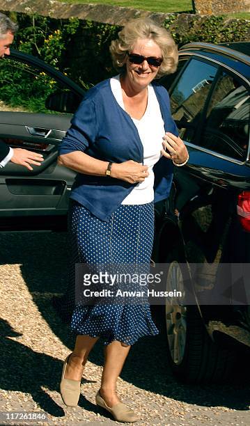 Camilla, Duchess of Cornwall arrives for the wedding rehearsal of her daughter Laura Parker Bowles and Harry Lopes at St. Cyriac's Church in Lacock,...