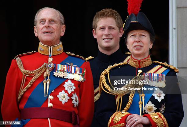 Prince Philip, Duke of Edinburgh,Prince Harry and Princess Anne on the balcony of Buckingham Palace following the Trooping the Colour ceremony on...