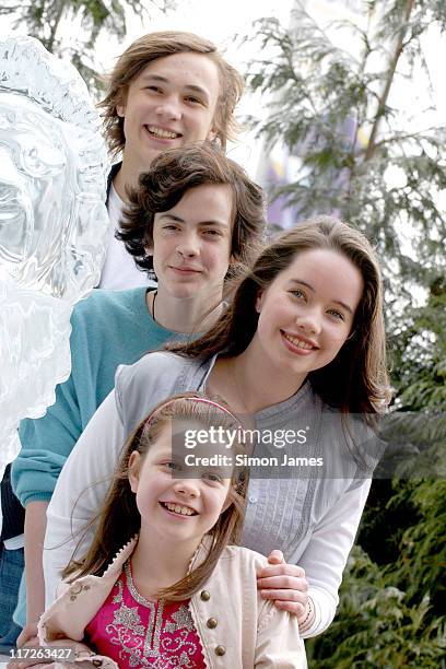 William Moseley, Skandar Keynes, Anna Popplewell and Georgia Henley alongside a lifesize ice sculpture of Aslan.