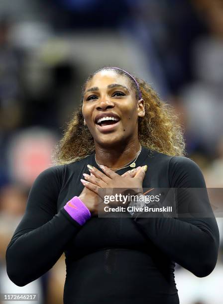 Serena Williams of the United States shows her emotion to the crowd after winning her Women's Singles semi-final match against Elina Svitolina of the...