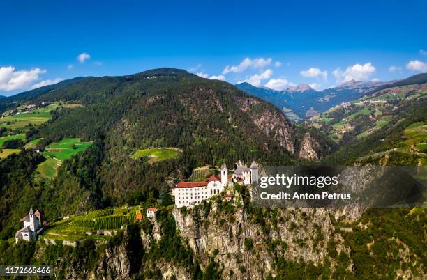 aerial view of sabiona monastery, bolzano, trentino alto adige, italy. - klausen stock pictures, royalty-free photos & images