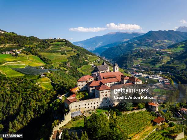 aerial view of sabiona monastery, bolzano, trentino alto adige, italy. - südtirol stock-fotos und bilder