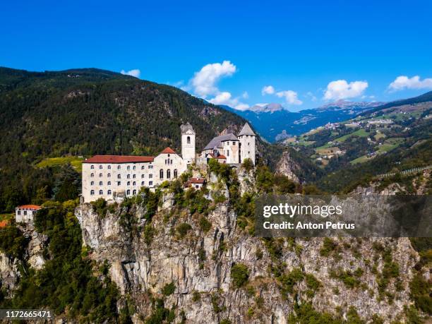 aerial view of sabiona monastery, bolzano, trentino alto adige, italy. - klausen stock pictures, royalty-free photos & images