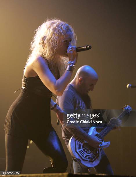 Musician Pearl Aday of support act Pearl performs on stage with husband Scott Ian on March 25, 2008 at Brixton Academy in London, England.