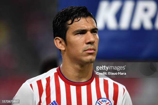 Fabian Balbuena of Paraguay looks on prior to the international friendly match between Japan and Paraguay at Kashima Soccer Stadium on September 05,...