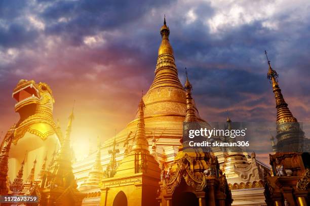 beautiful collage of shwedagon pagoda at sunset cloud and background near yangon myanmar - kyaiktiyo pagoda stock pictures, royalty-free photos & images