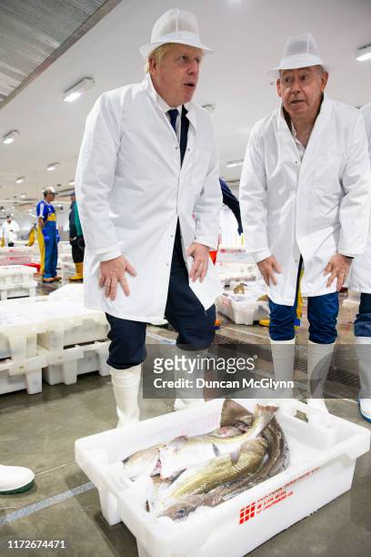 Prime Minister Boris Johnson is shown around Peterhead Fish Market on September 6, 2019 in Peterhead, Aberdeenshire, Scotland. The Prime Minister...