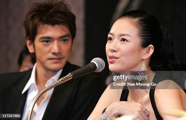 Takeshi Kaneshiro and Zhang Ziyi during Lovers - Seoul Press Conference at Seoul Shilla Hotel in Seoul City, Seoul, South Korea.