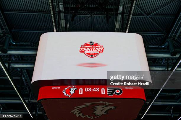 Global Series Challenge logo displayed on jumbotron during the NHL Global Series Challenge Switzerland 2019 match between Philadelphia Flyers and...