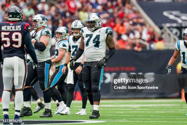 Carolina Panthers offensive tackle Greg Little gets ready for a play during the football game between the Carolina Panthers and Houston Texans at NRG...