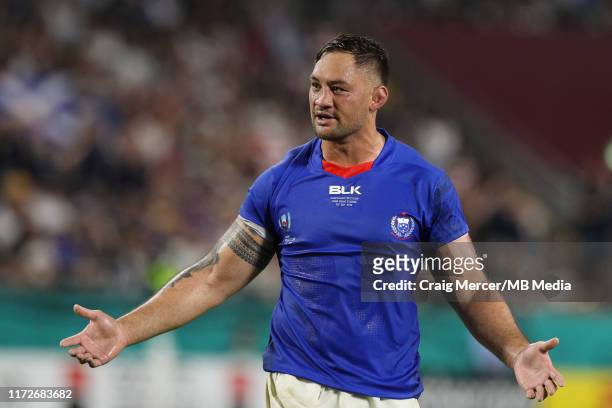 Jack Lam of Samoa reacts during the Rugby World Cup 2019 Group A game between Scotland and Samoa at Kobe Misaki Stadium on September 30, 2019 in...