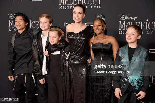 Pax Thien Jolie-Pitt, Shiloh Nouvel Jolie-Pitt, Vivienne Marcheline Jolie-Pitt, Angelina Jolie, Zahara Marley Jolie-Pitt, and Knox Leon Jolie-Pitt...