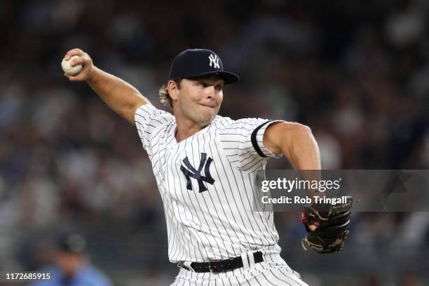 Chance Adams of the New York Yankees pitches during the game between the Cleveland Indians and the New York Yankees at Yankee Stadium on Thursday,...