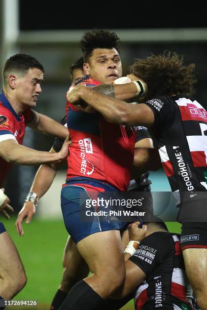 Levi Aumua of Tasman is tackled during the round 5 Mitre 10 Cup match between Counties Manukau and Tasman on September 06, 2019 in Pukekohe, New...