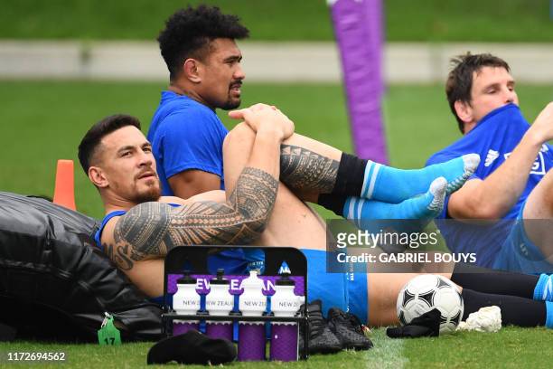 New Zealand's centre Sonny Bill Williams and New Zealand's flanker Ardie Savea attend a captain's run training session in Beppu on October 1 on the...