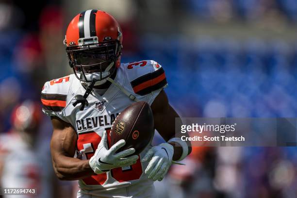 Jermaine Whitehead of the Cleveland Browns warms up before the game against the Baltimore Ravens at M&T Bank Stadium on September 29, 2019 in...