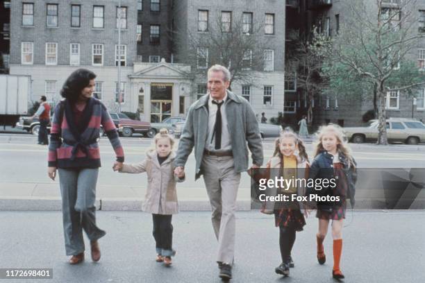 American actor Paul Newman outside 1555 Grand Concourse in the Bronx, New York City, during the filming of the movie 'Fort Apache, the Bronx', circa...
