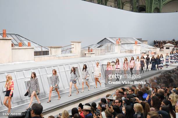 Models walk the runway during the finale of the Chanel Womenswear Spring/Summer 2020 show as part of Paris Fashion Week on October 1, 2019 in Paris,...