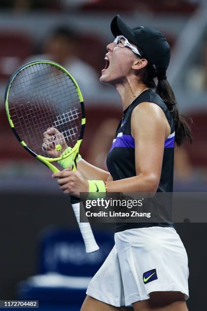 Zheng Saisai of China celebrates after defeating Sloane Stephens of the United States during the Women's Singles 2nd Round of 2019 China Open at the...