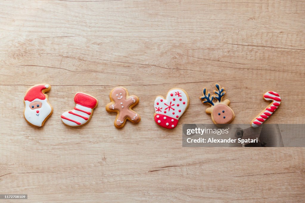Variety of Christmas cookies on the wooden table