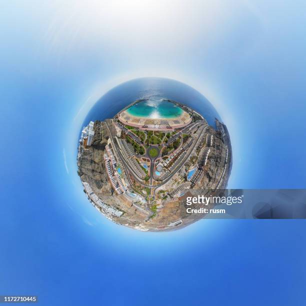 little planet aerial panorama of the sunny amadores beach, gran canaria, canary islands, spain - 360 people stock pictures, royalty-free photos & images