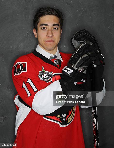 Sixth overall pick Mika Zibanejad by the Ottawa Senators poses for a portrait during day one of the 2011 NHL Entry Draft at Xcel Energy Center on...