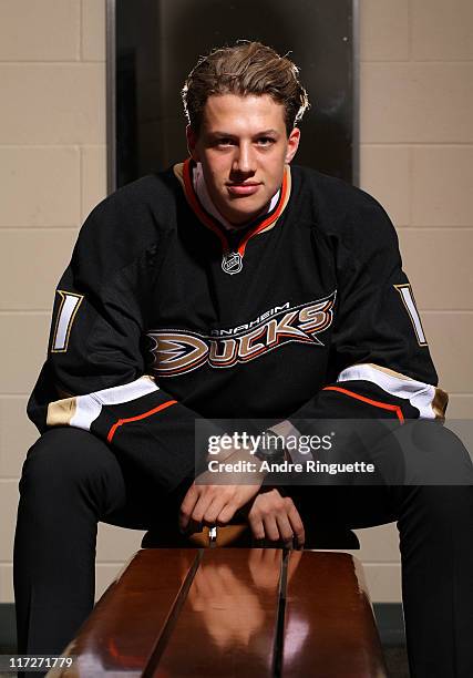 30th overall pick Rickard Rakell of the Anaheim Ducks poses for a photo portrait during day one of the 2011 NHL Entry Draft at Xcel Energy Center on...