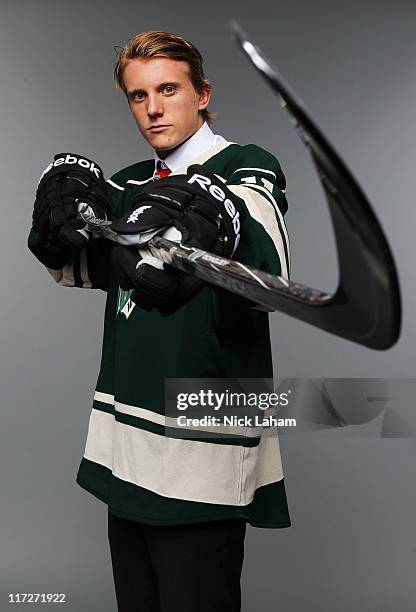 10th overall pick Jonas Brodin by the Minnesota Wild poses for a photo portrait during day one of the 2011 NHL Entry Draft at Xcel Energy Center on...