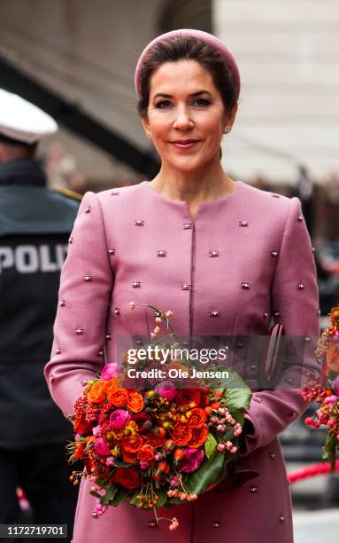 Crown Princess Mary of Denmark seen at arrival to the Danish Parliament on October 1, 2019 in Copenhagen, Denmark. In keeping with tradition, the...