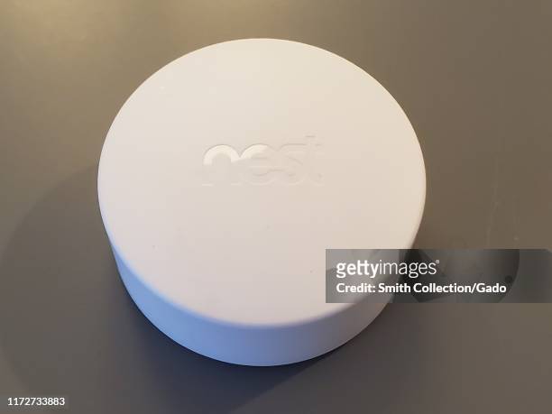 Close-up of wireless remote temperature sensor, part of the Nest Learning Thermostat system from Google Inc, in a smart home in San Ramon,...