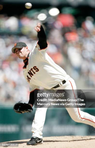 San Francisco Giants starting pitcher Noah Lowry throws against the Los Angeles Dodgers in the first inning at AT&T Park in San Francisco on...