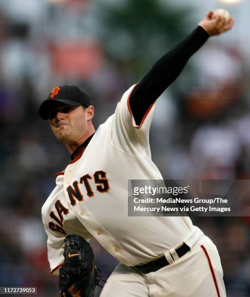 San Francisco Giants starting pitcher Noah Lowry, No. 51, throws against the Atlanta Braves in the first inning at AT&T Park in San Francisco, Calif....