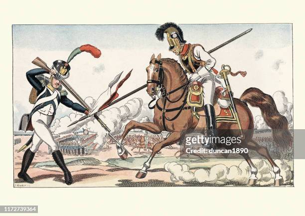 illustrazioni stock, clip art, cartoni animati e icone di tendenza di guerre napoleoniche, uniformi militari, lancer da combattimento voltigeur francese - lancer