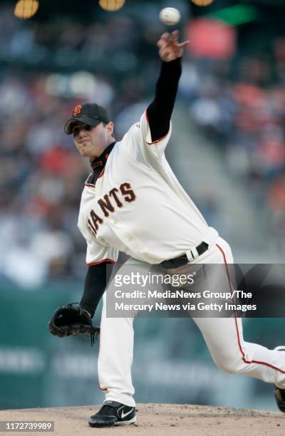 San Francisco Giants starting pitcher Noah Lowry, No 51, throws against the Houston Astros in the first inning at SBC Park in San Francisco on...