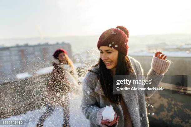 snowball fight on the rooftop - snow scene stock pictures, royalty-free photos & images