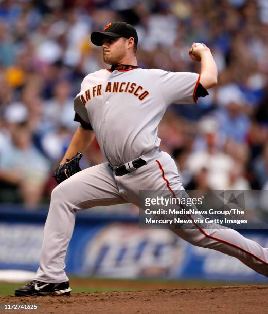 San Francisco Giants starting pitcher Noah Lowry, No. 51, throws against the Milwaukee Brewers in the third inning at Miller Park in Milwaukee,...